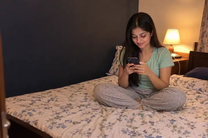 A woman sitting on her bed at night with the lamp on, typing a message on her phone